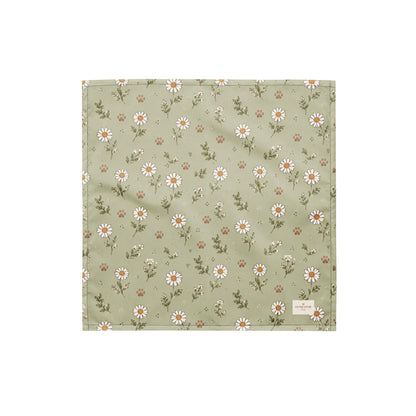 Morning Meadow dog bandana featuring a soft sage green background with white daisy flowers and delicate wildflower accents by HoneyPaw Pets.