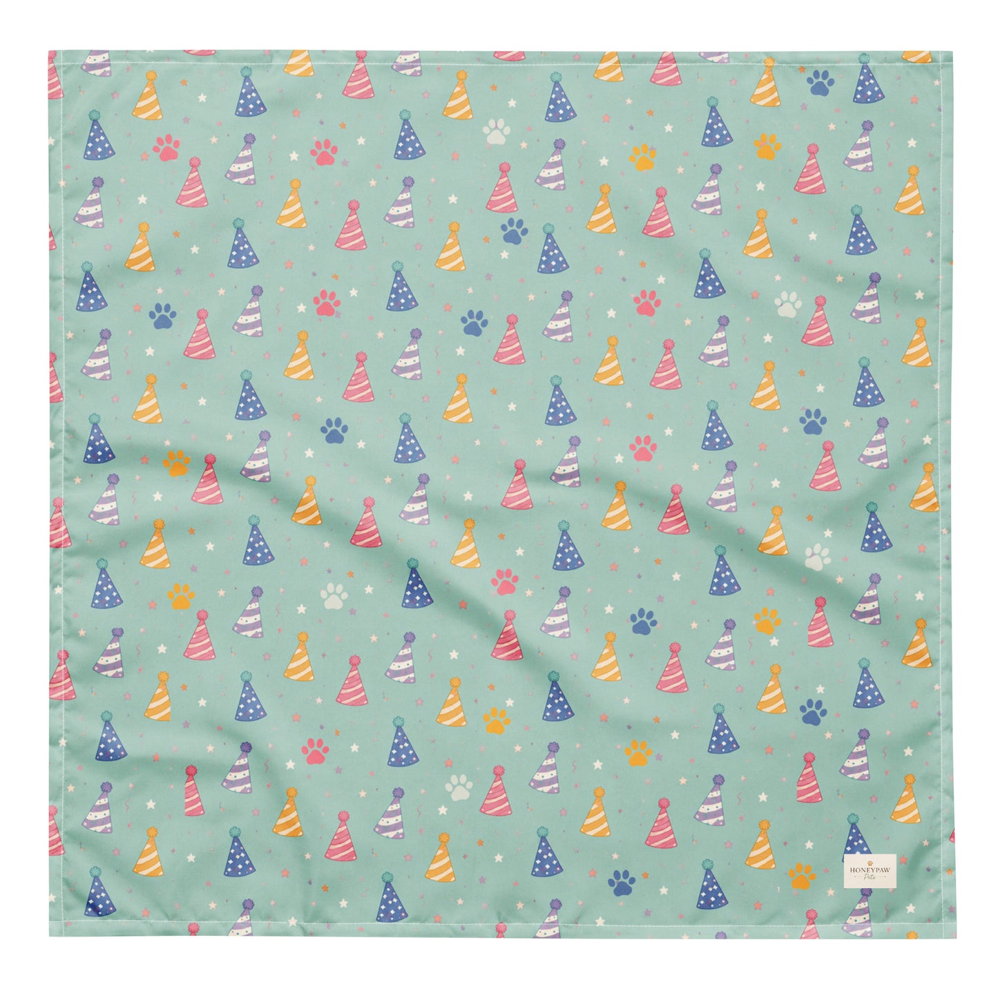 Party Animal birthday dog bandana featuring colorful party hats and paw prints on a mint green background by HoneyPaw Pets