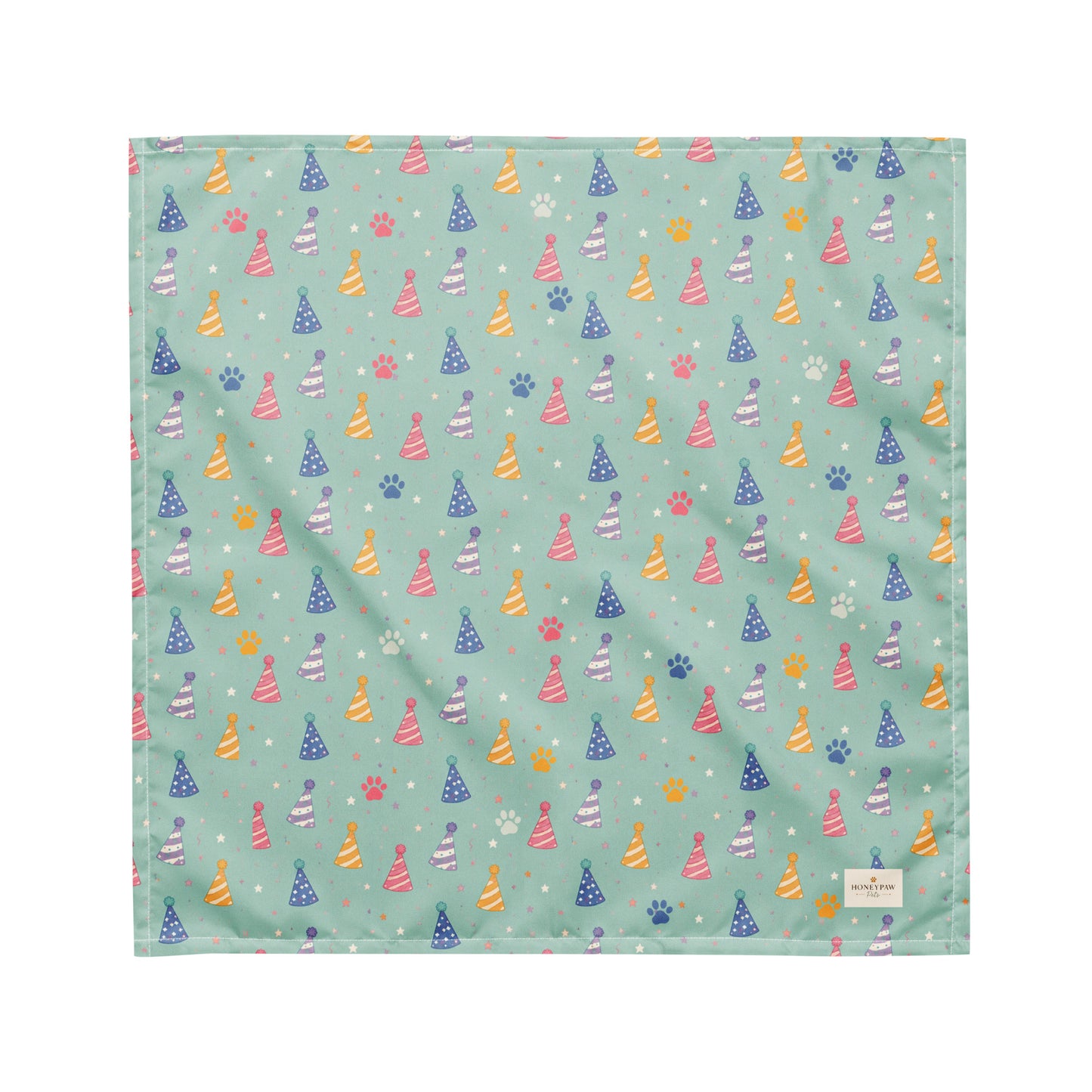Party Animal birthday dog bandana featuring colorful party hats and paw prints on a mint green background by HoneyPaw Pets