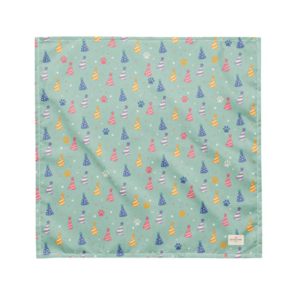Party Animal birthday dog bandana featuring colorful party hats and paw prints on a mint green background by HoneyPaw Pets