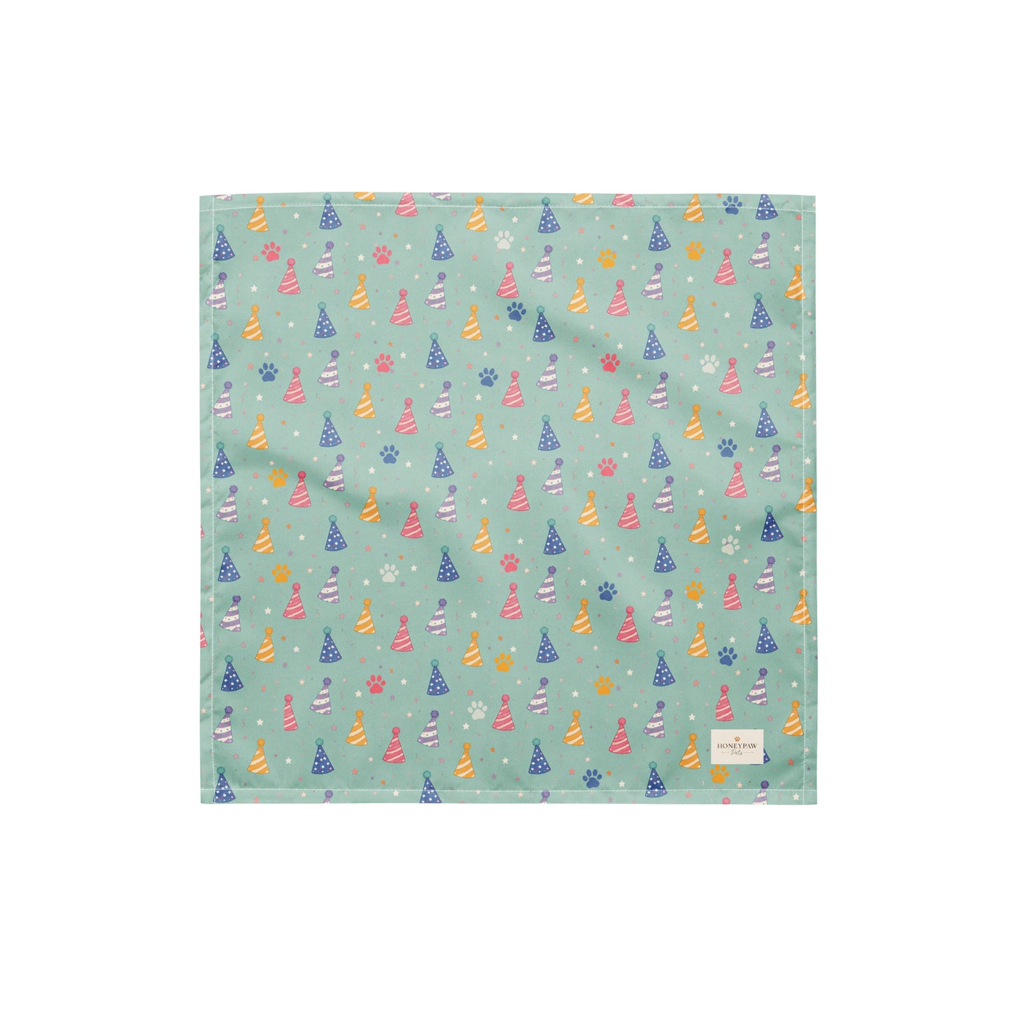 Party Animal birthday dog bandana featuring colorful party hats and paw prints on a mint green background by HoneyPaw Pets