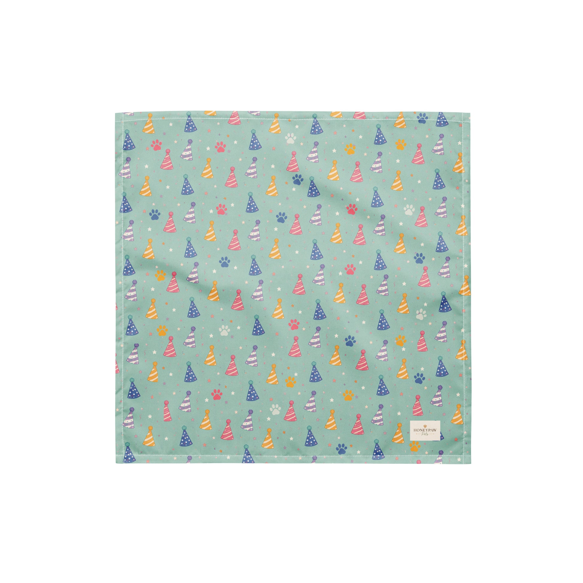 Party Animal birthday dog bandana featuring colorful party hats and paw prints on a mint green background by HoneyPaw Pets