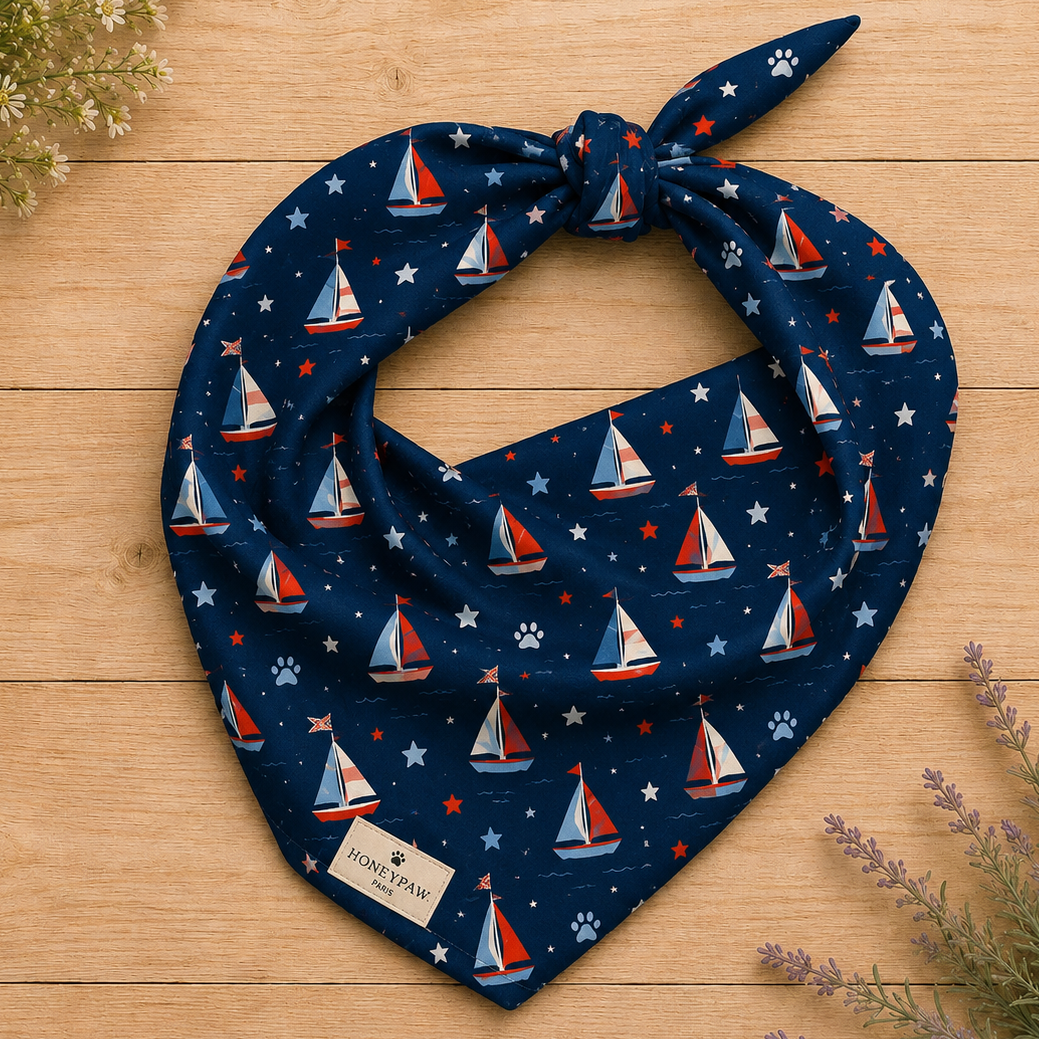 Paws at Sea dog bandana featuring a nautical sailboat pattern on a navy blue background by HoneyPaw Pets.