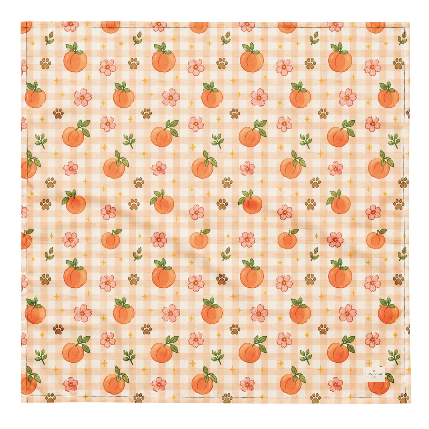 Peachy Pup dog bandana featuring ripe peaches, floral accents, and a soft peach plaid pattern on a cream background by HoneyPaw Pets.