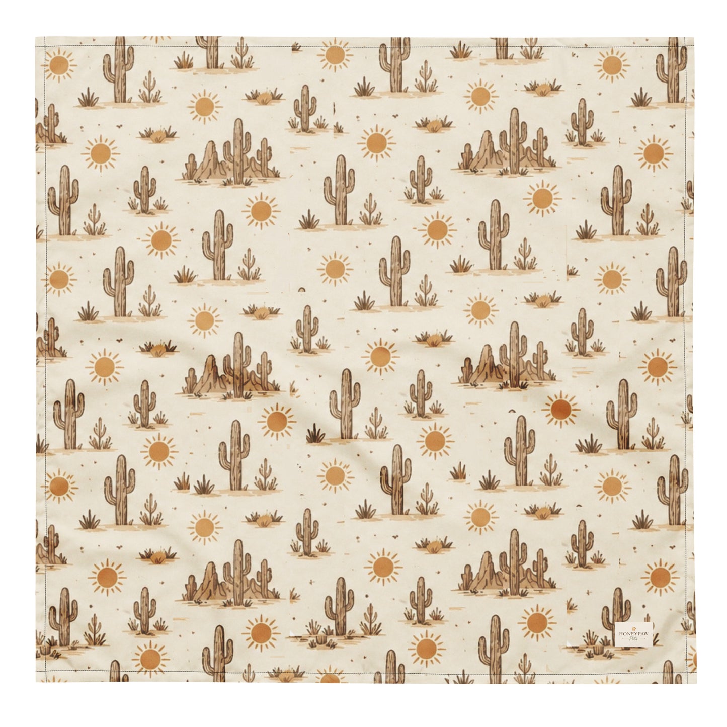 Prickly Pup dog bandana featuring a cream background with hand-drawn desert cacti, sunshine motifs, and southwestern-inspired details in warm earth tones by HoneyPaw Pets.