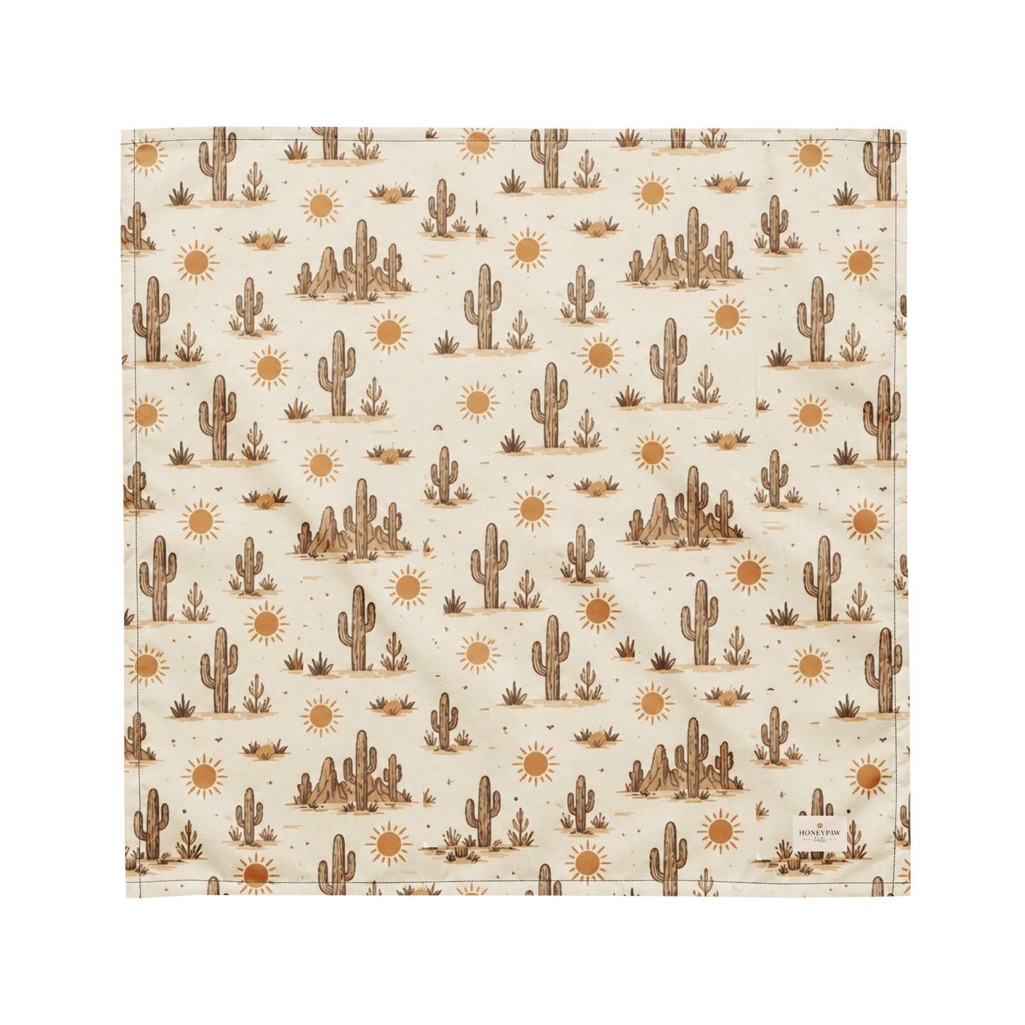 Prickly Pup dog bandana featuring a cream background with hand-drawn desert cacti, sunshine motifs, and southwestern-inspired details in warm earth tones by HoneyPaw Pets.
