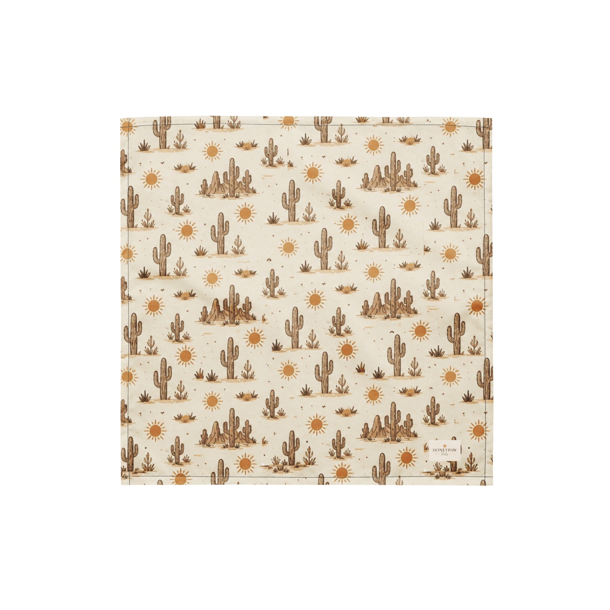 Prickly Pup dog bandana featuring a cream background with hand-drawn desert cacti, sunshine motifs, and southwestern-inspired details in warm earth tones by HoneyPaw Pets.