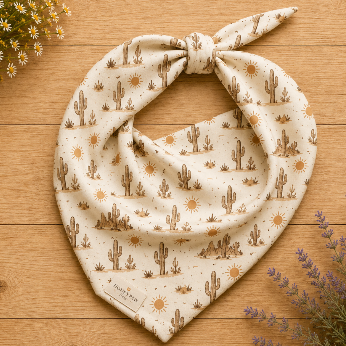Prickly Pup dog bandana featuring a cream background with hand-drawn desert cacti, sunshine motifs, and southwestern-inspired details in warm earth tones by HoneyPaw Pets.