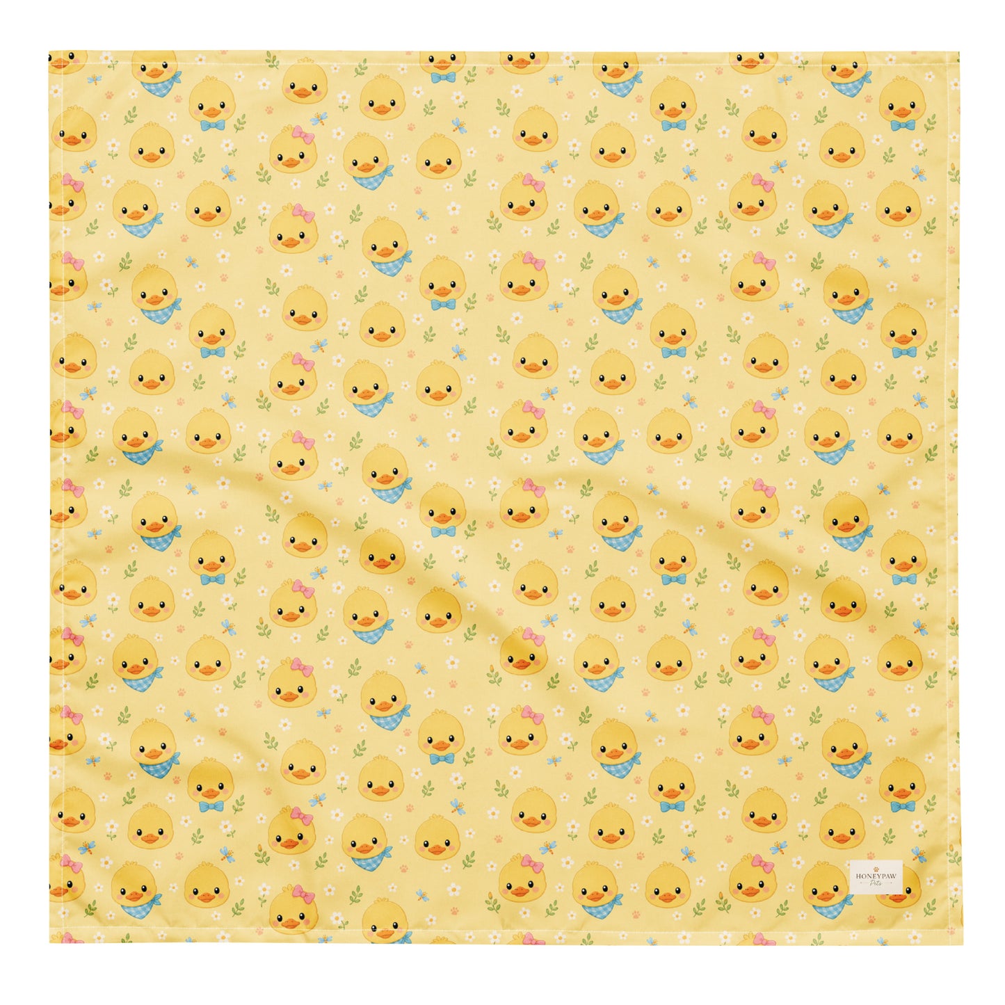 Quack Pack dog bandana featuring duck faces and paw prints on a yellow background by HoneyPaw Pets