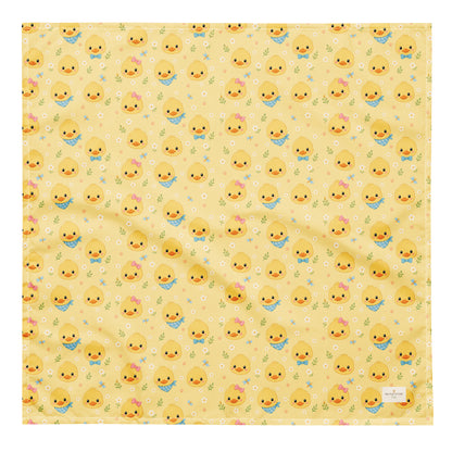 Quack Pack dog bandana featuring duck faces and paw prints on a yellow background by HoneyPaw Pets