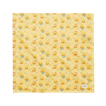 Quack Pack dog bandana featuring duck faces and paw prints on a yellow background by HoneyPaw Pets