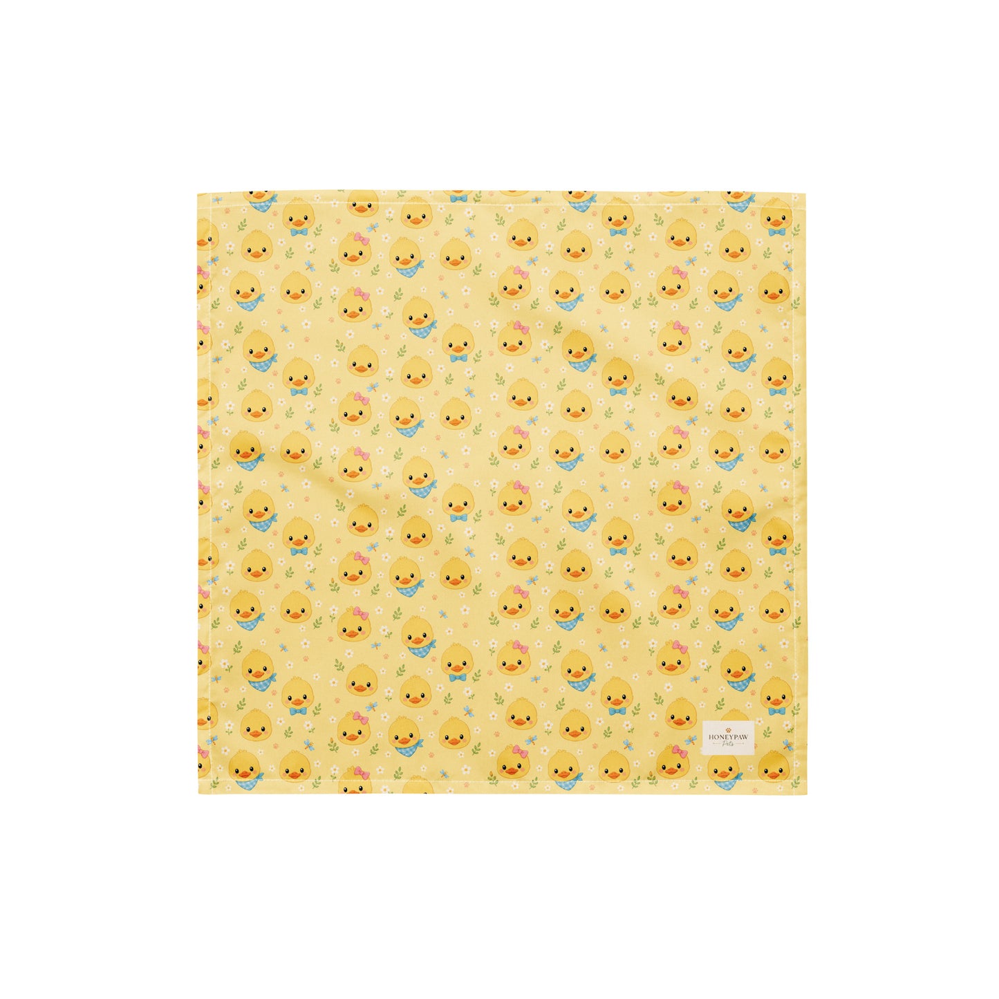Quack Pack dog bandana featuring duck faces and paw prints on a yellow background by HoneyPaw Pets