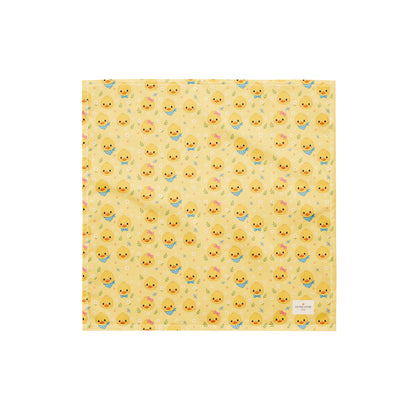 Quack Pack dog bandana featuring duck faces and paw prints on a yellow background by HoneyPaw Pets
