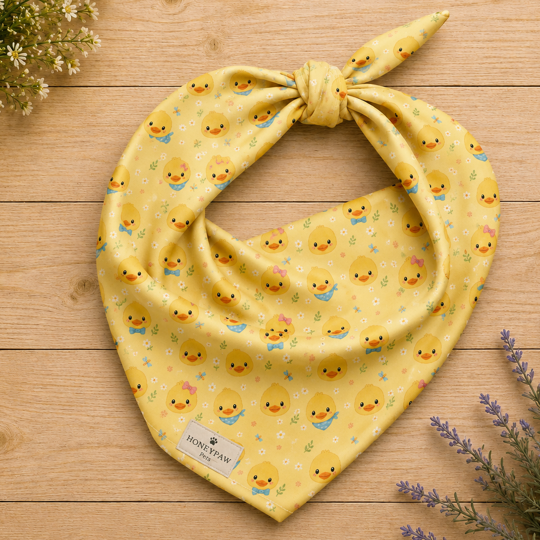 Quack Pack dog bandana featuring duck faces and paw prints on a yellow background by HoneyPaw Pets