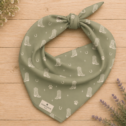 Rodeo Print western dog bandana featuring western cowboy boots, horseshoes, and paw prints on a sage green background by HoneyPaw Pets.