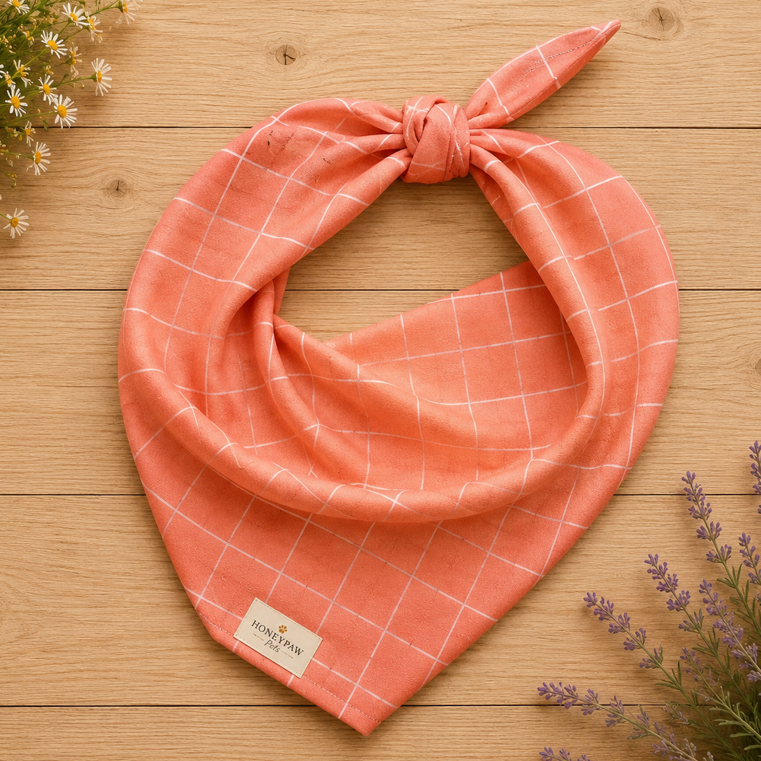 Rosy Trails dog bandana featuring a coral pink windowpane plaid pattern by HoneyPaw Pets.