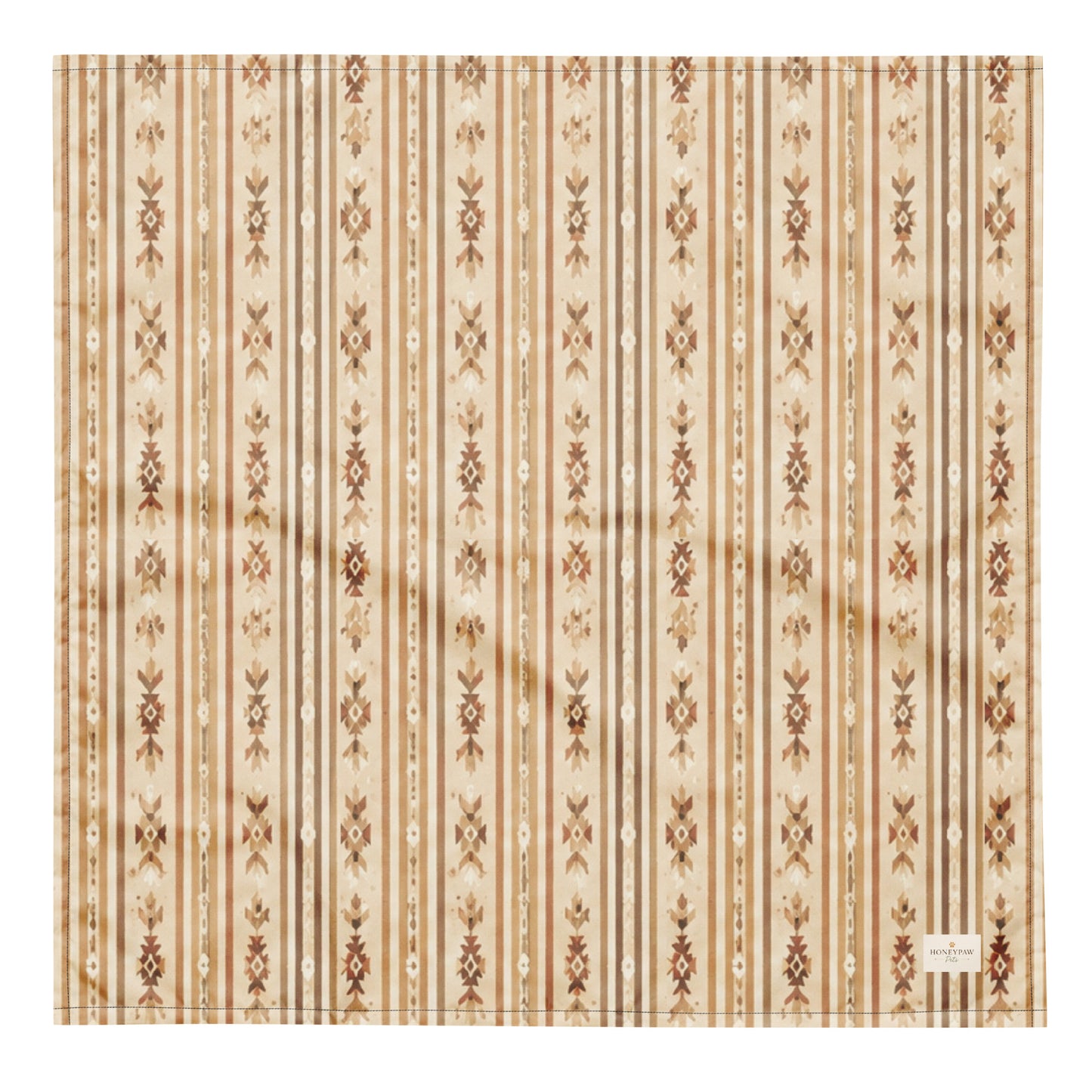 Rover Ranch dog bandana featuring a beige western stripe pattern with rustic floral accents in warm earth tones by HoneyPaw Pets.