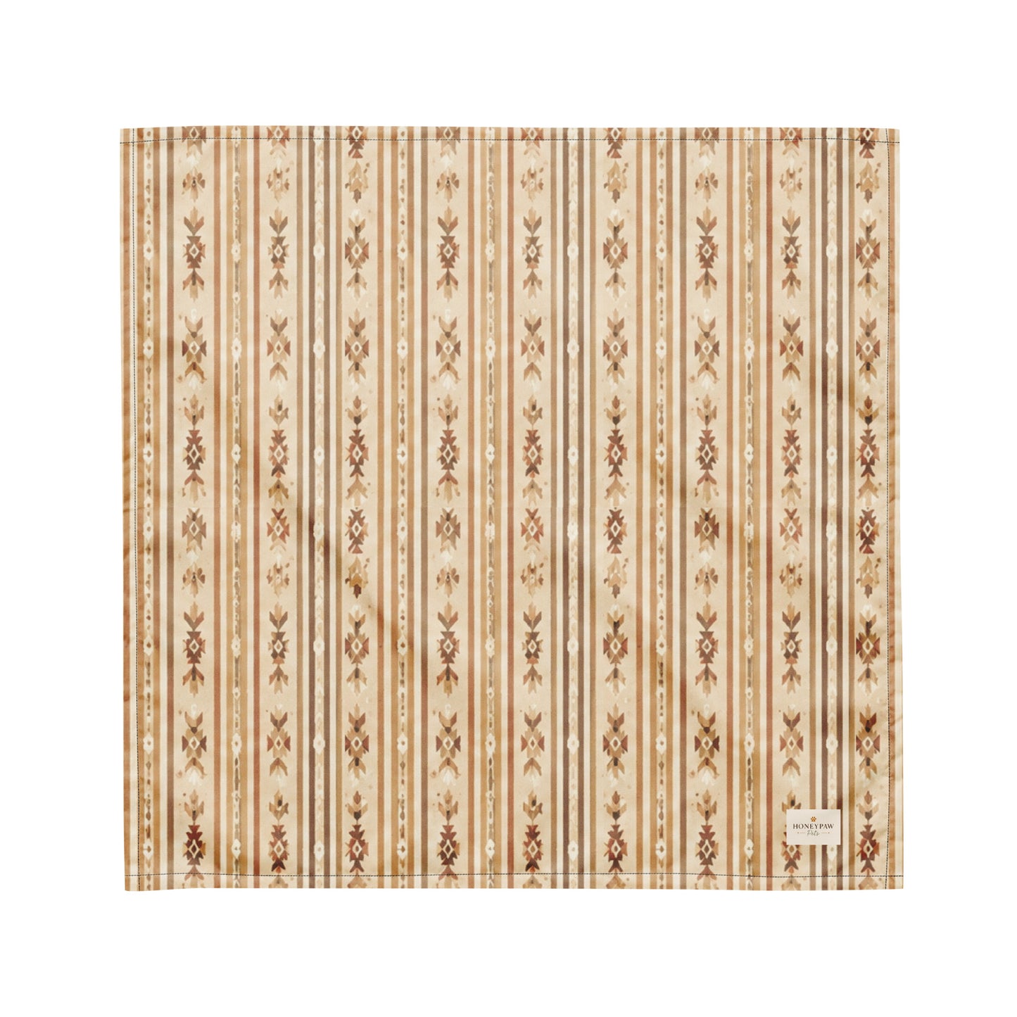 Rover Ranch dog bandana featuring a beige western stripe pattern with rustic floral accents in warm earth tones by HoneyPaw Pets.