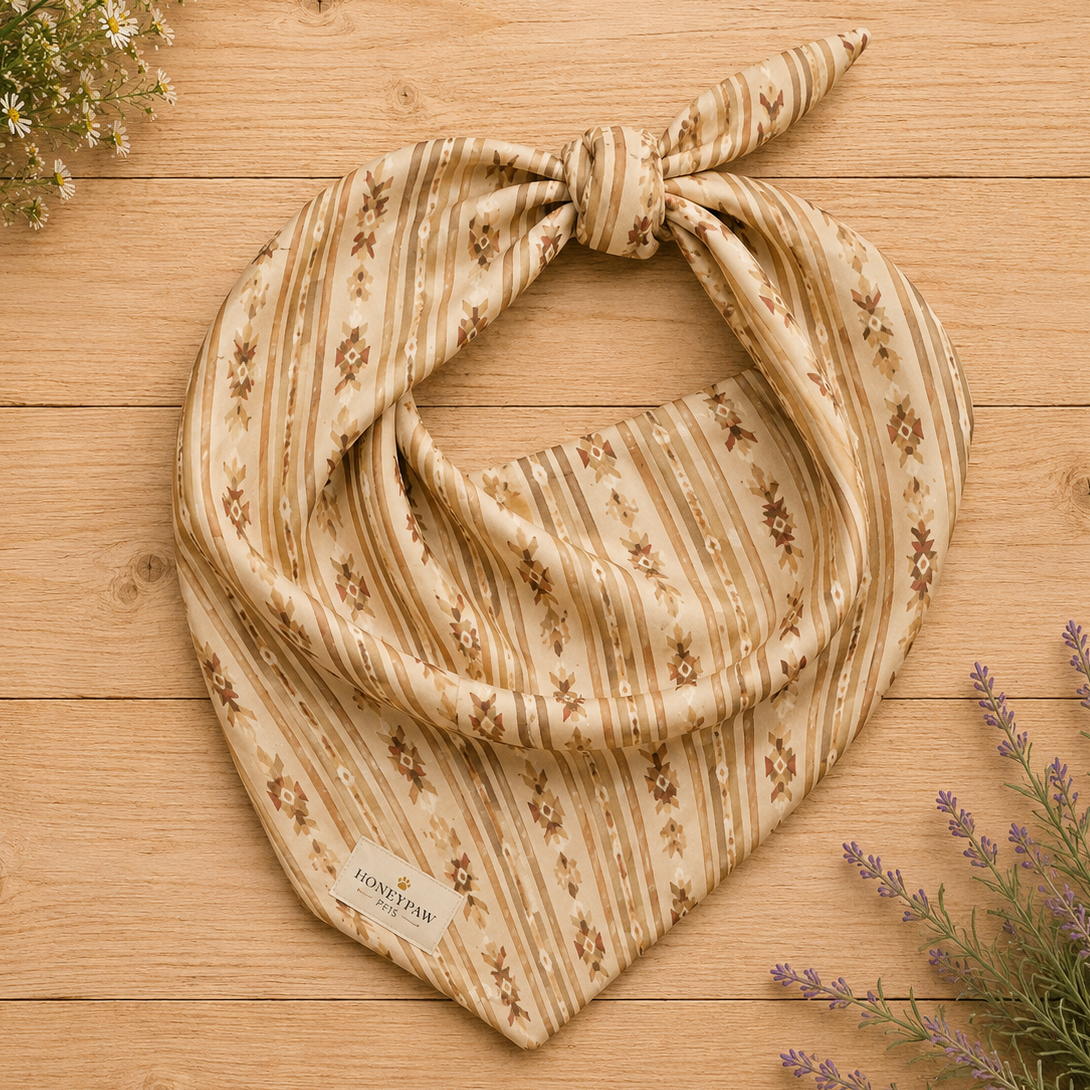 Rover Ranch dog bandana featuring a beige western stripe pattern with rustic floral accents in warm earth tones by HoneyPaw Pets.