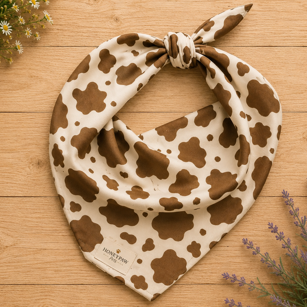 Saddle and Cattle dog bandana featuring a classic brown and cream cow print pattern inspired by western ranch style by HoneyPaw Pets.