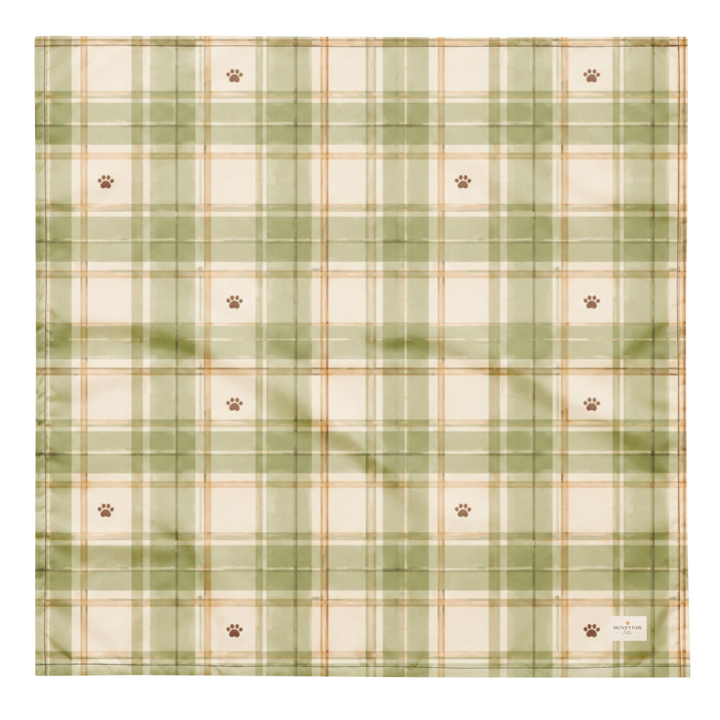 Sage Meadow dog bandana featuring a sage green and cream plaid pattern with paw prints by HoneyPaw Pets.