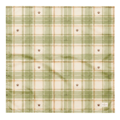 Sage Meadow dog bandana featuring a sage green and cream plaid pattern with paw prints by HoneyPaw Pets.