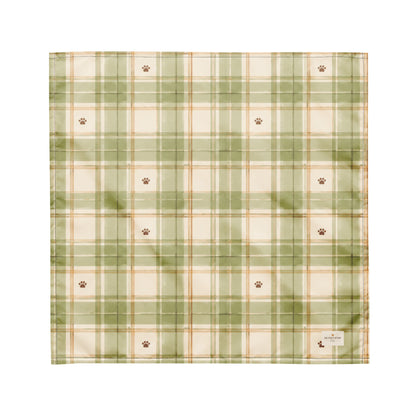 Sage Meadow dog bandana featuring a sage green and cream plaid pattern with paw prints by HoneyPaw Pets.