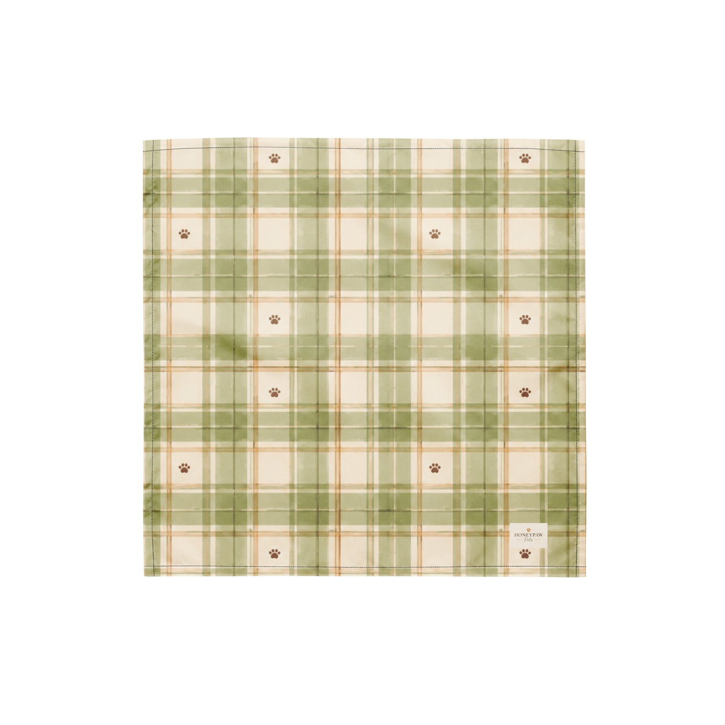 Sage Meadow dog bandana featuring a sage green and cream plaid pattern with paw prints by HoneyPaw Pets.