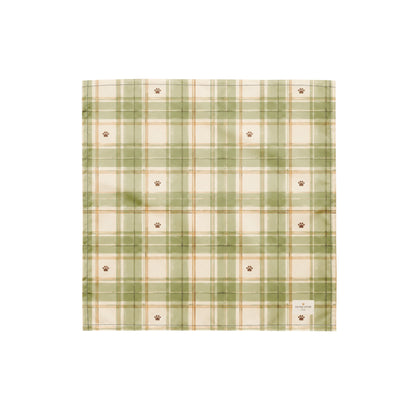 Sage Meadow dog bandana featuring a sage green and cream plaid pattern with paw prints by HoneyPaw Pets.