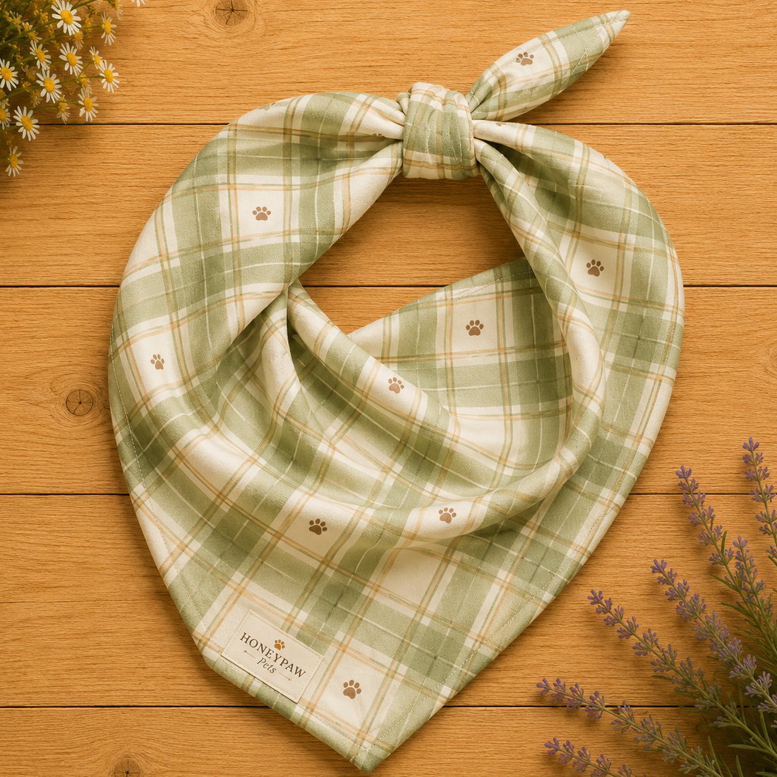 Sage Meadow dog bandana featuring a sage green and cream plaid pattern with paw prints by HoneyPaw Pets.
