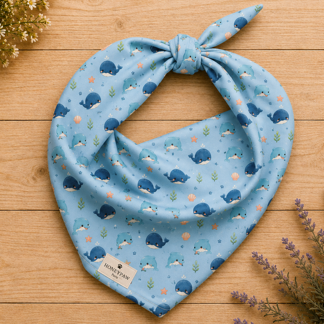 Seaside Friends ocean-themed dog bandana featuring dolphins, whales, and paw prints on a blue background by HoneyPaw Pets