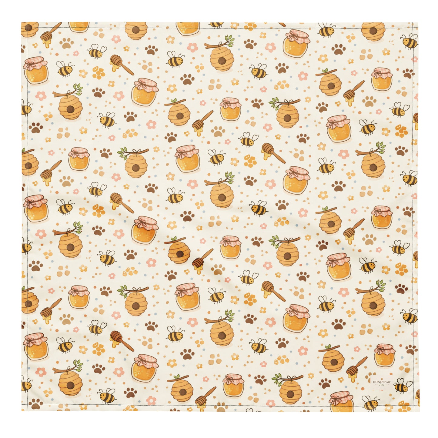 Sweet as Honey dog bandana featuring honey jars, beehives, buzzing bees, and paw prints on a cream background by HoneyPaw Pets.