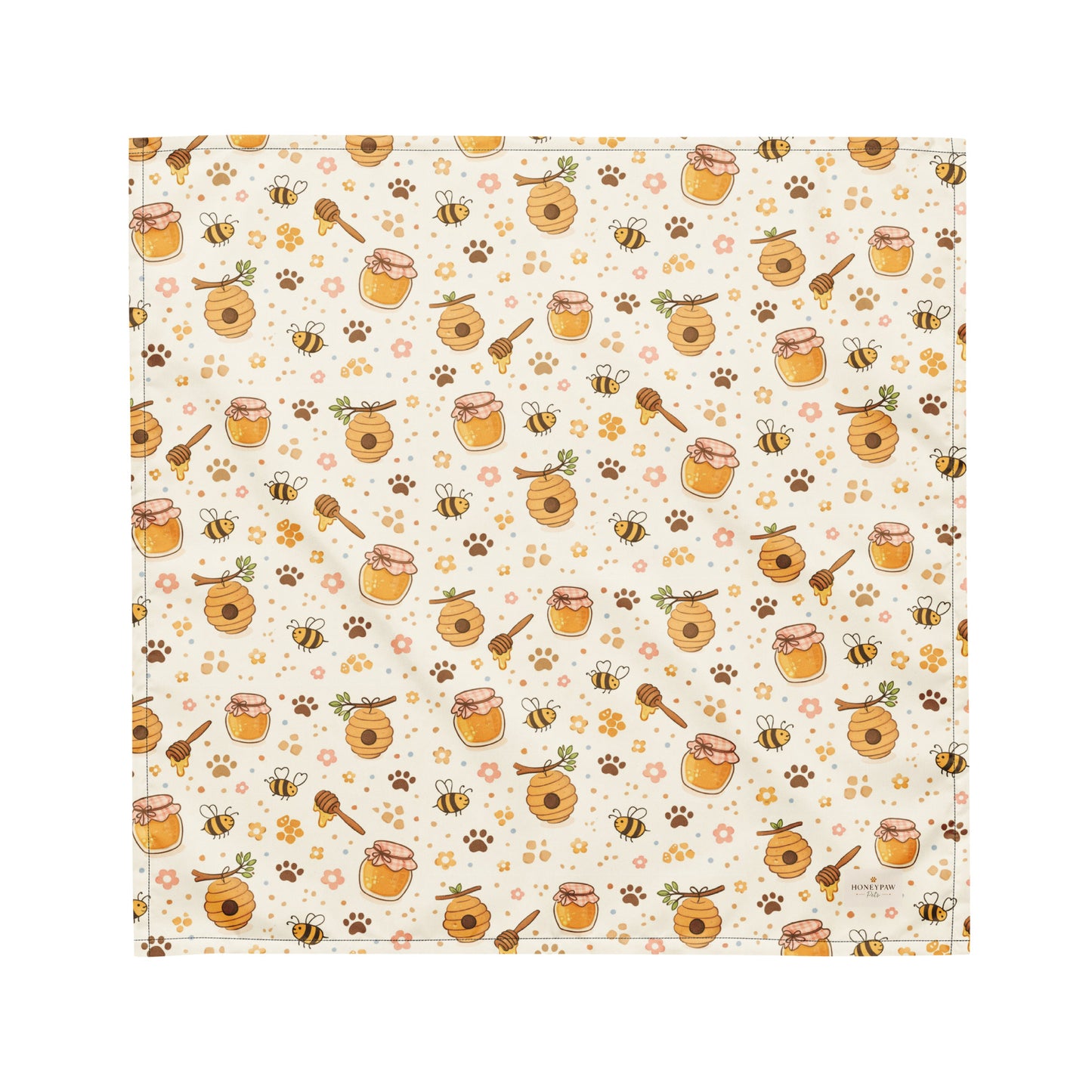 Sweet as Honey dog bandana featuring honey jars, beehives, buzzing bees, and paw prints on a cream background by HoneyPaw Pets.