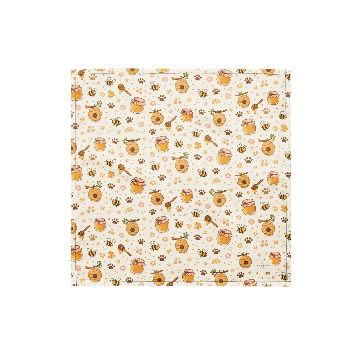 Sweet as Honey dog bandana featuring honey jars, beehives, buzzing bees, and paw prints on a cream background by HoneyPaw Pets.