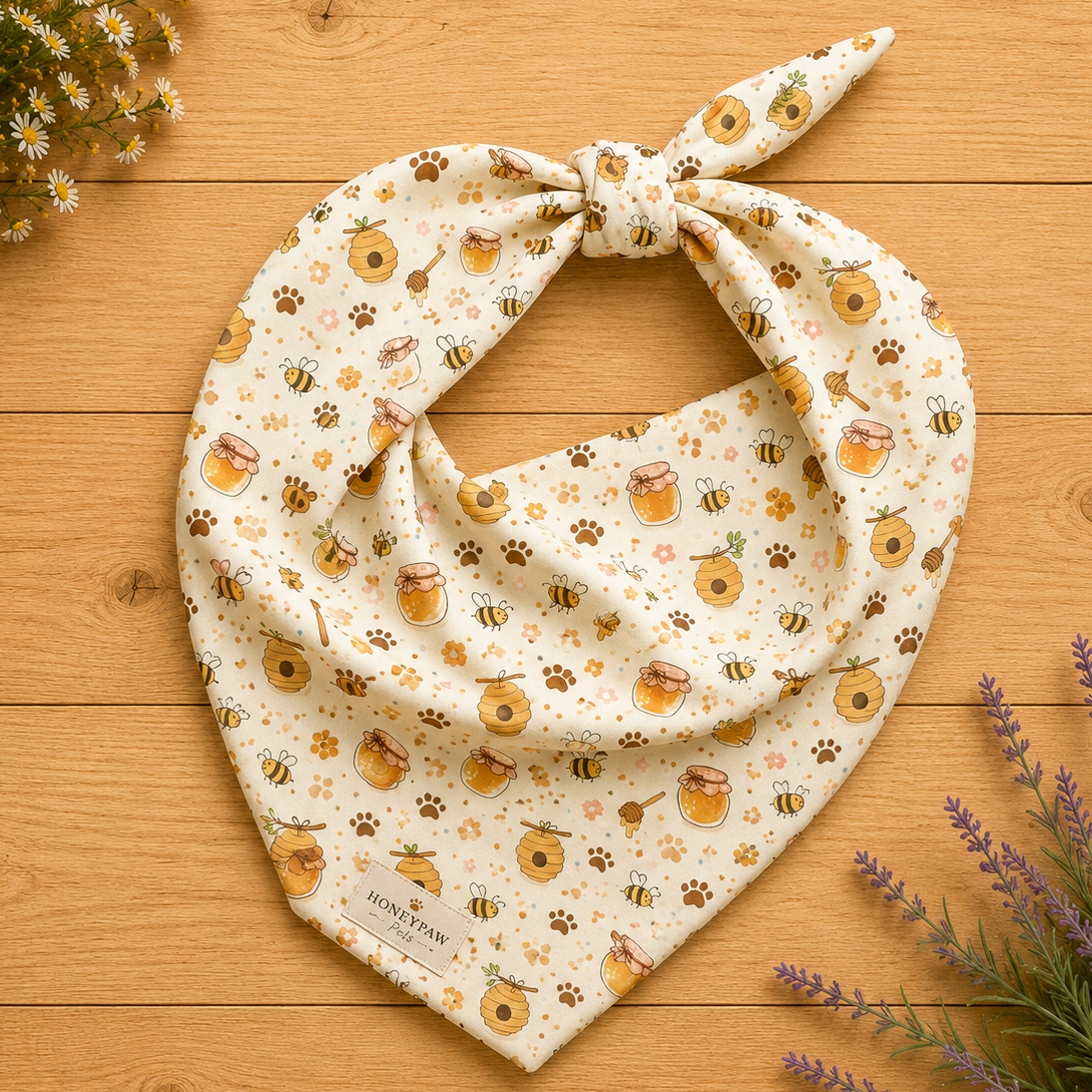 Sweet as Honey dog bandana featuring honey jars, beehives, buzzing bees, and paw prints on a cream background by HoneyPaw Pets.