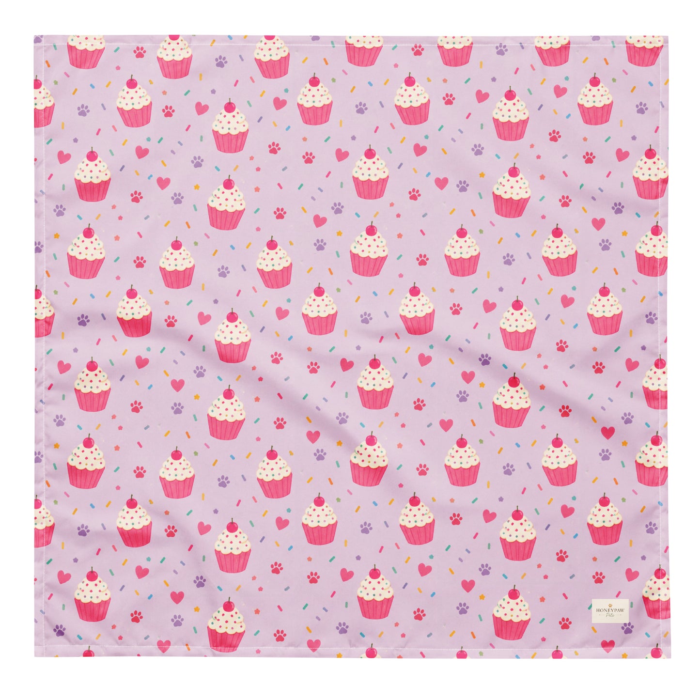 Sweet Celebrations birthday dog bandana featuring colorful cupcakes, hearts and paw prints on a light purple background by HoneyPaw Pets