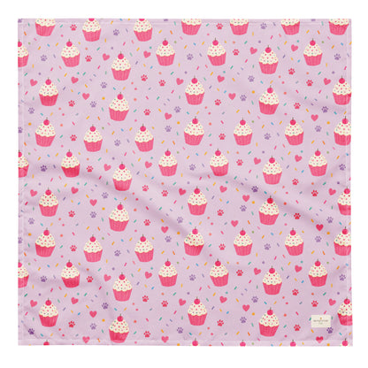 Sweet Celebrations birthday dog bandana featuring colorful cupcakes, hearts and paw prints on a light purple background by HoneyPaw Pets