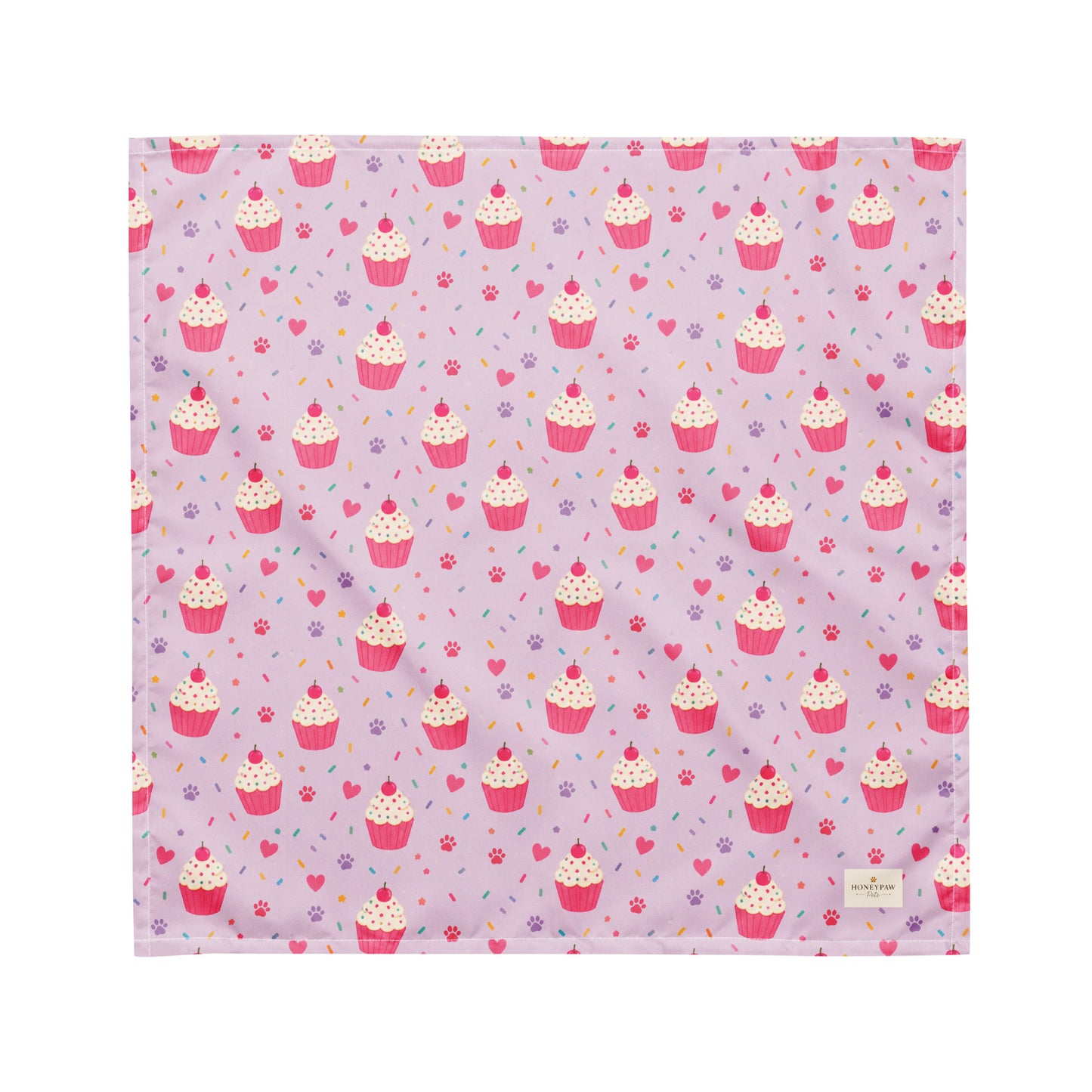 Sweet Celebrations birthday dog bandana featuring colorful cupcakes, hearts and paw prints on a light purple background by HoneyPaw Pets