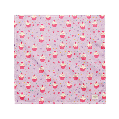 Sweet Celebrations birthday dog bandana featuring colorful cupcakes, hearts and paw prints on a light purple background by HoneyPaw Pets