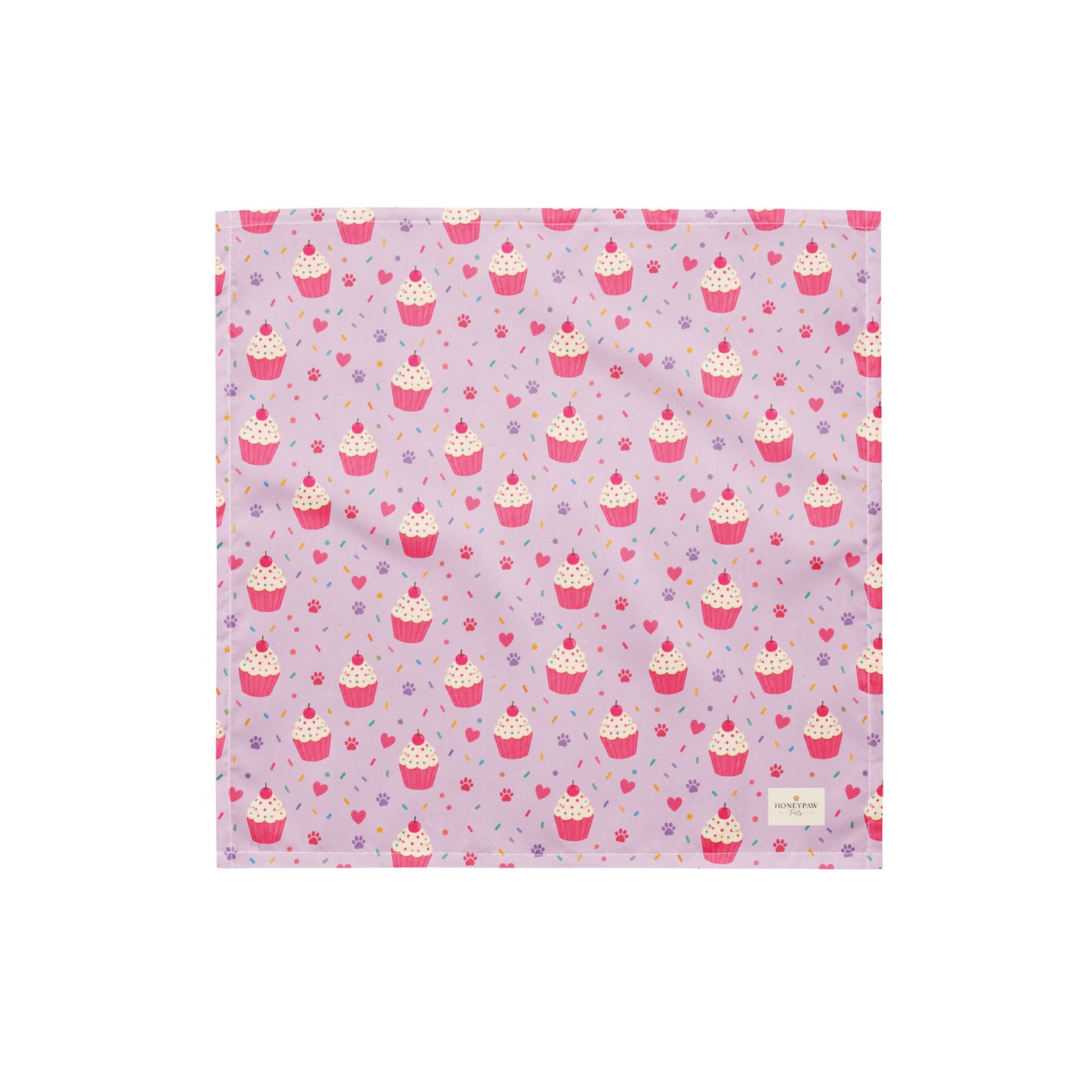 Sweet Celebrations birthday dog bandana featuring colorful cupcakes, hearts and paw prints on a light purple background by HoneyPaw Pets