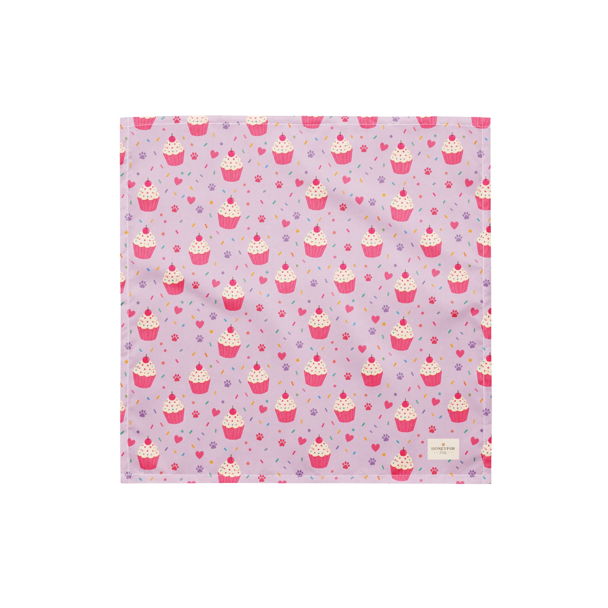 Sweet Celebrations birthday dog bandana featuring colorful cupcakes, hearts and paw prints on a light purple background by HoneyPaw Pets