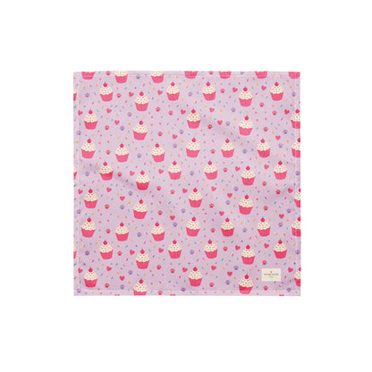 Sweet Celebrations birthday dog bandana featuring colorful cupcakes, hearts and paw prints on a light purple background by HoneyPaw Pets
