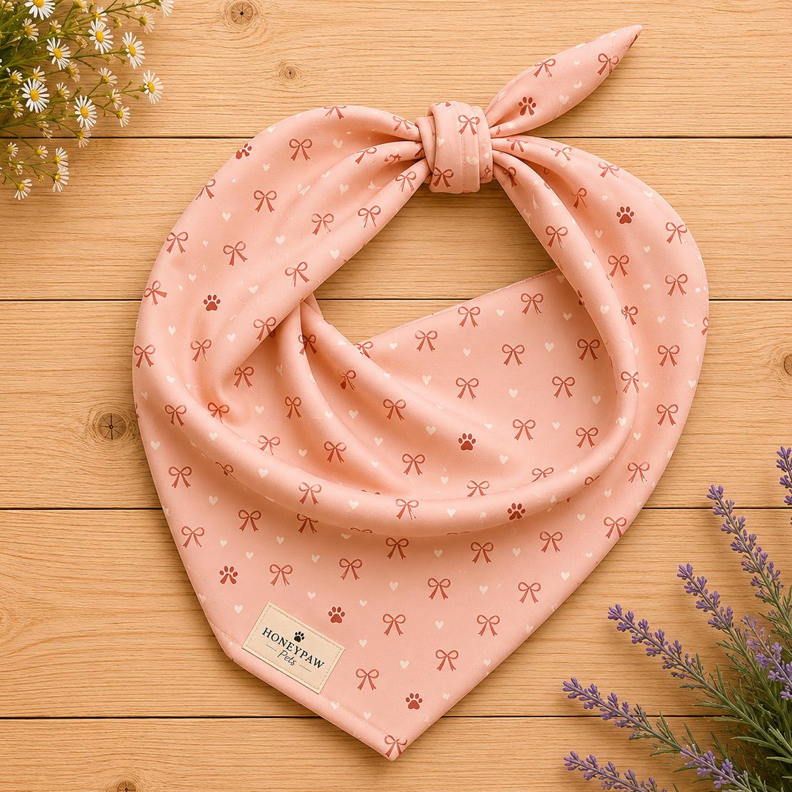 Sweetheart Pup Display dog bandana featuring delicate bow and paw print accents on a blush pink background by HoneyPaw Pets.