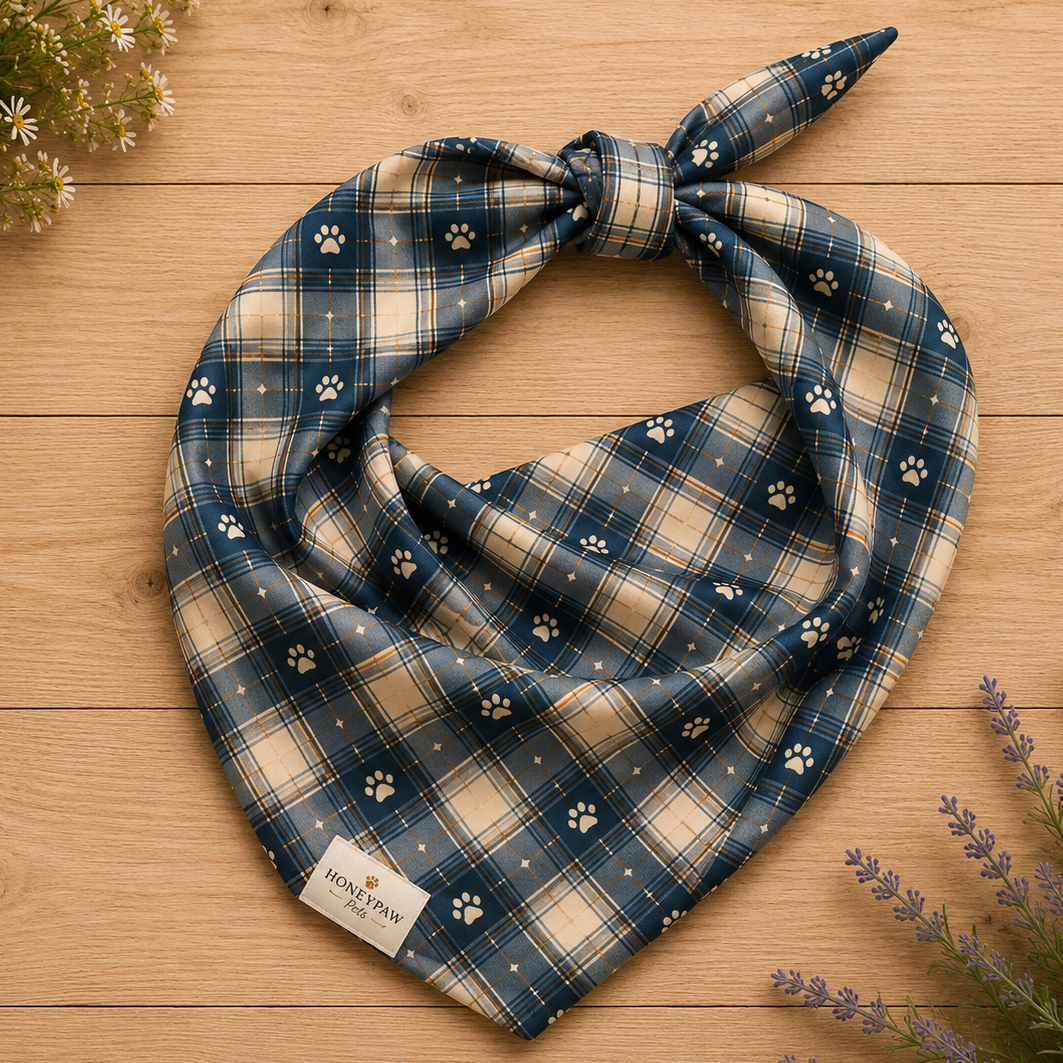 Tailwinds dog bandana featuring a navy blue plaid pattern with paw prints by HoneyPaw Pets