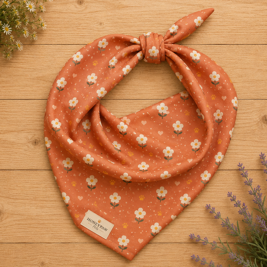 Terracotta Paws dog bandana featuring cream floral blooms, golden paw prints, and tiny hearts on a terracotta background by HoneyPaw Pets.