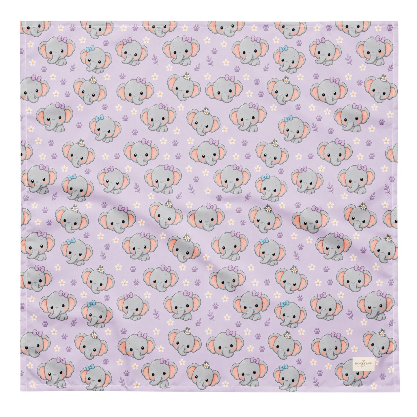 Tiny Tusks dog bandana featuring elephant faces and paw prints on a lavender background by HoneyPaw Pets