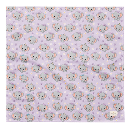 Tiny Tusks dog bandana featuring elephant faces and paw prints on a lavender background by HoneyPaw Pets