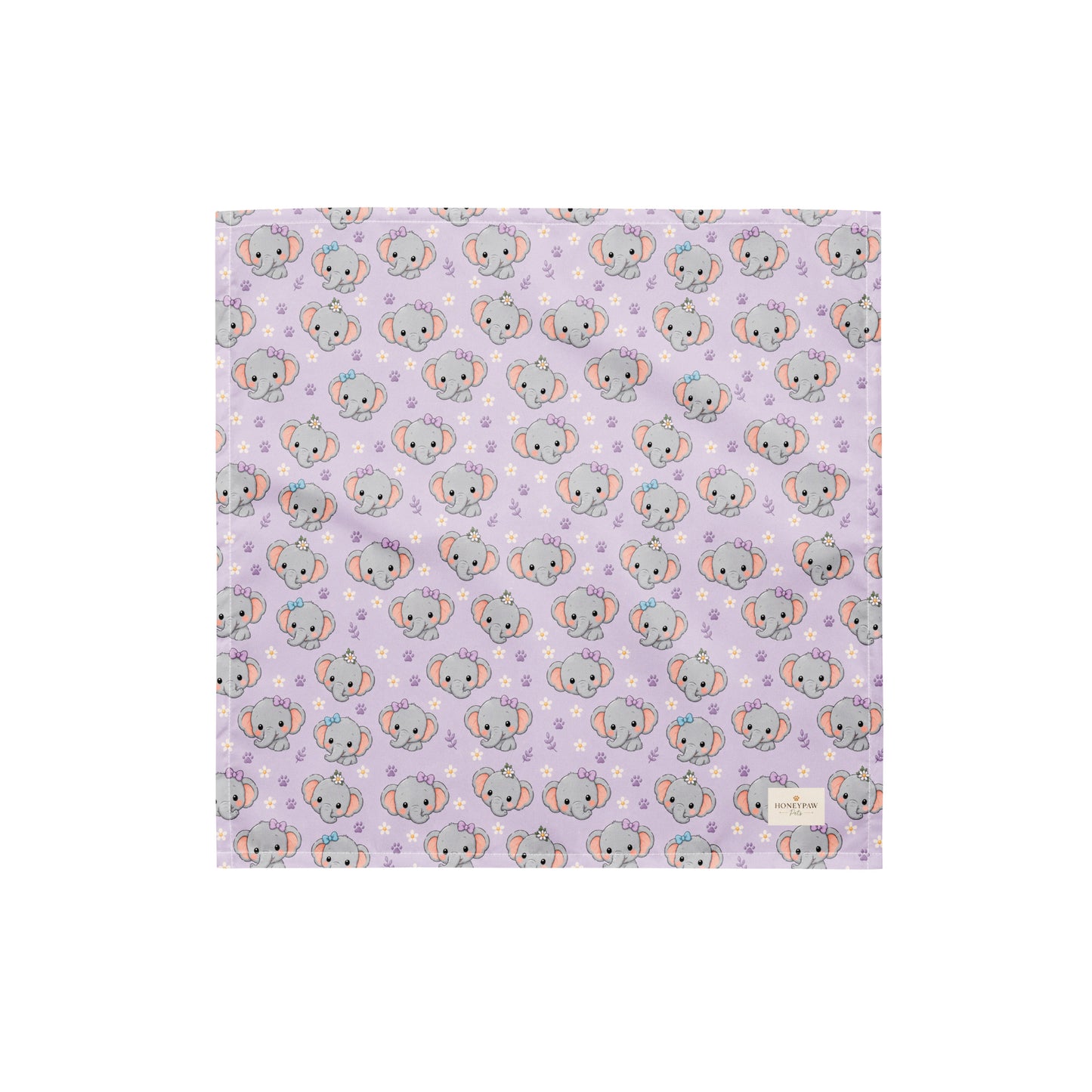 Tiny Tusks dog bandana featuring elephant faces and paw prints on a lavender background by HoneyPaw Pets