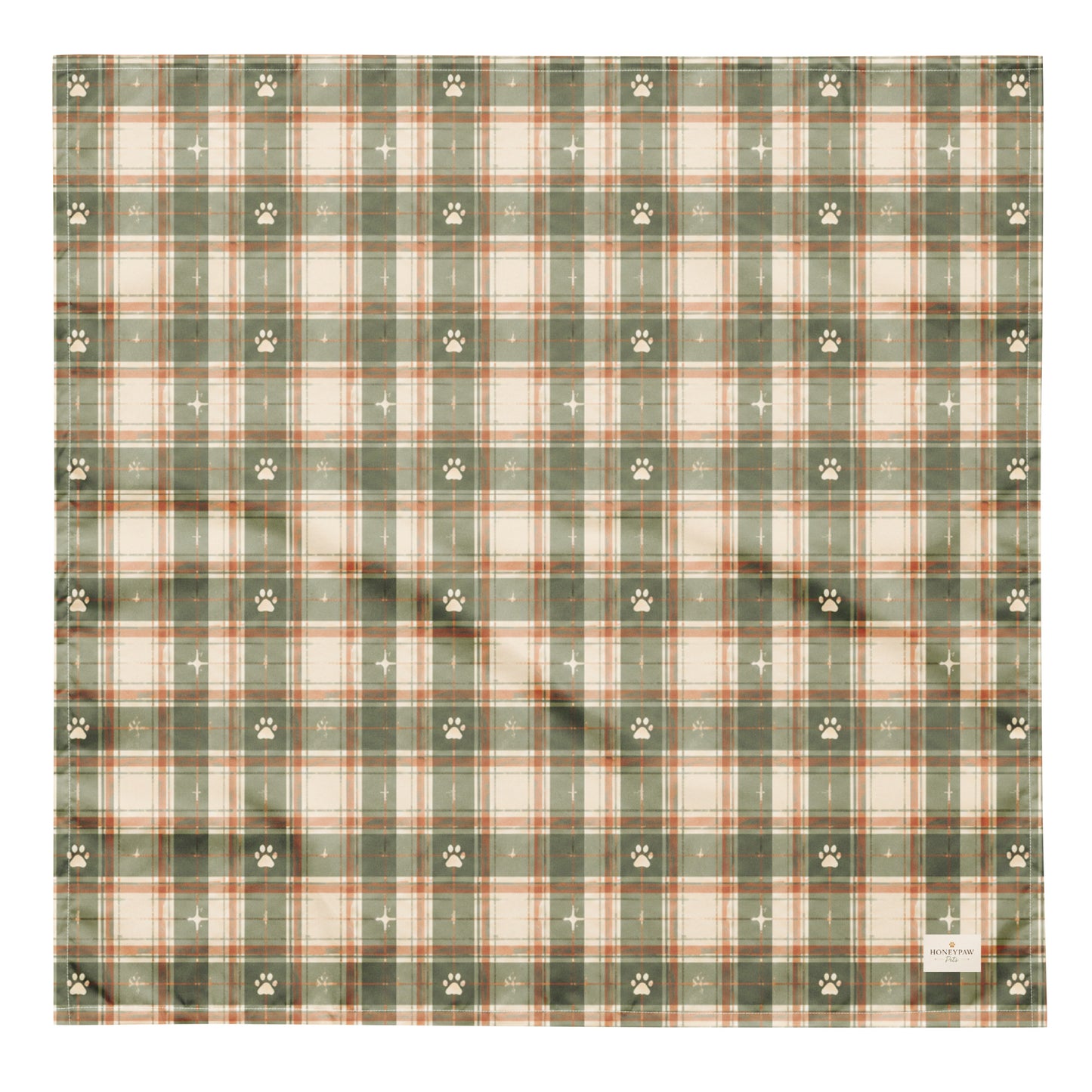 Trail Buddy dog bandana featuring a green plaid pattern with paw prints by HoneyPaw Pets.