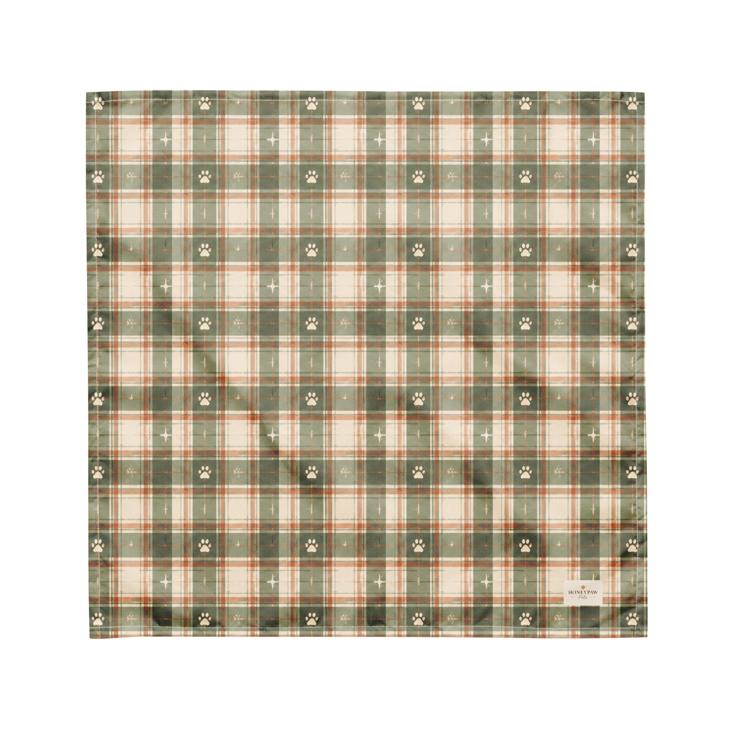 Trail Buddy dog bandana featuring a green plaid pattern with paw prints by HoneyPaw Pets.